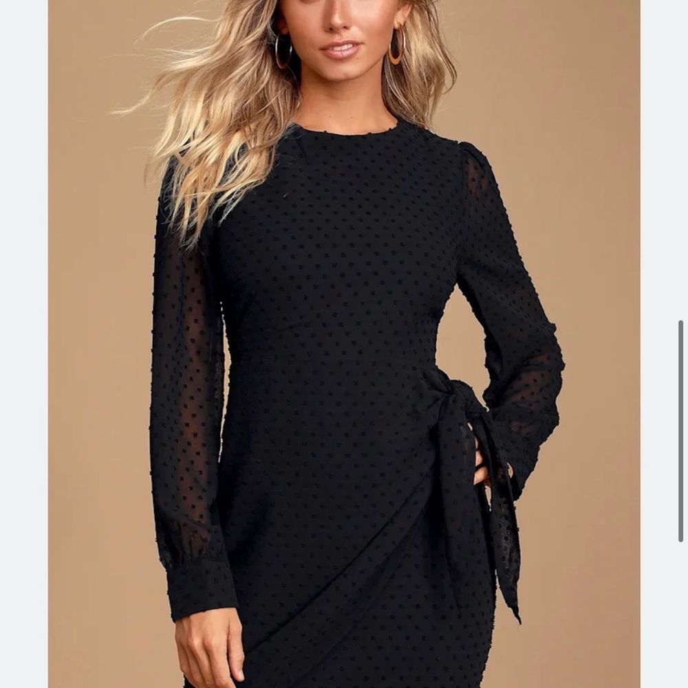 Lulu's Black Swiss Dot Long-Sleeve Side-Tie Dress | M | NWT